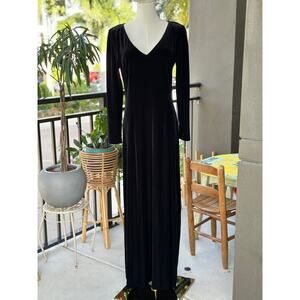 Vintage JSC Canada Large Black Velvet Velour Gown Long Sleeve Sexy V-Neck Dress